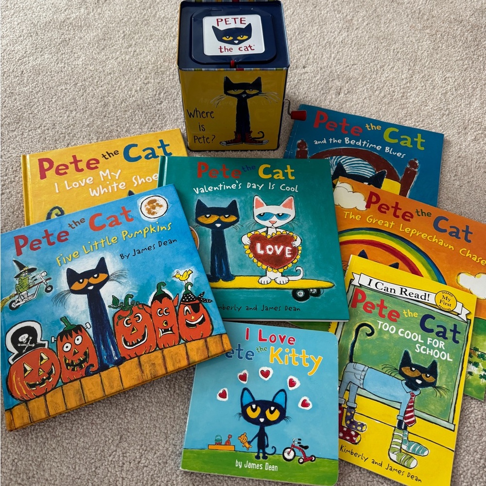 Pete the Cat book bundle with a Pete style jack in the box